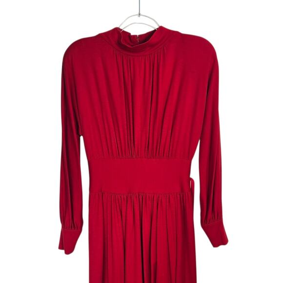 Pauline Trigere Red Wool Jersey Midi Dress Mock Neck Belted Vintage Size 6 - Picture 3 of 11